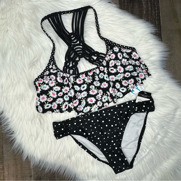 NWT California Waves Daisy Print Flouncy Bikini Set Small - Picture 1 of 13